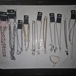 Playboy Necklace and Bracelet Set - Silver, Gold, Pink
